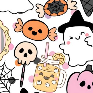 an image of halloween stickers on a white background with pumpkins and ghost faces Kawaii Kawaii Halloween antique white