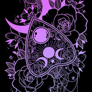a drawing of flowers and a cat on a black background with pink ink, in the shape of a half moon Halloween Planchette Glowing Ouija Board Design, Spirit Board Background, Purple Background Ouija Board, black