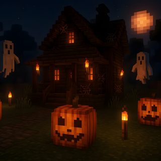 some pumpkins are lit up in front of a house Minecraft Halloween Minecraft Halloween, Minecraft Youtube Banner, Halloween Desktop, Minecraft Inspo, black