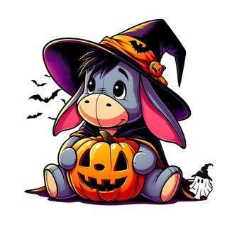 a cartoon animal wearing a witch hat and sitting on top of a pumpkin Eeyore Halloween Eeyore Pumpkin, Eeyore Halloween, Winnie The Pooh Characters Owl, Piglet Halloween, white