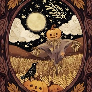a painting of a scarecrow and two pumpkins Halloween Art Aesthetic Watercolor Halloween Scene, Helloween Art, Harvest Theme, Haloween Art, saddle brown