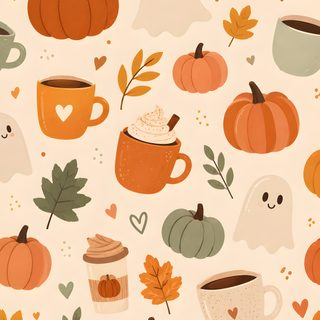 a white background with pumpkins, leaves and mugs on it's sides Cosy Halloween bisque