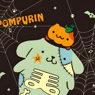 a cartoon bear holding a pumpkin on its back Pom Pom Purin Halloween Pompompurin Skeleton, Scary Pompompurin, Pompompurin Pumpkin Carving, black
