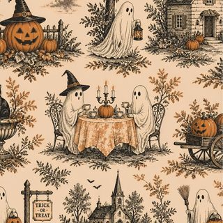 a halloween themed wallpaper with pumpkins, ghostes and witches sitting at a table Old Fashioned Halloween Halloween, The Originals, tan