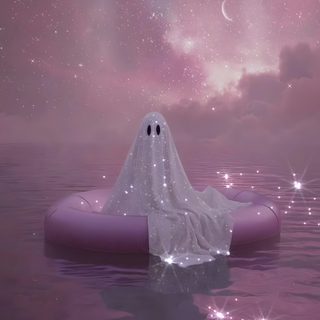 an inflatable ghost floating on top of the ocean under a purple sky filled with stars Pink Halloween Gif Sparkle Skeleton, Glitter Ghost, Pink Ghost Aesthetic, Halloween Cute, Witchy, dim gray