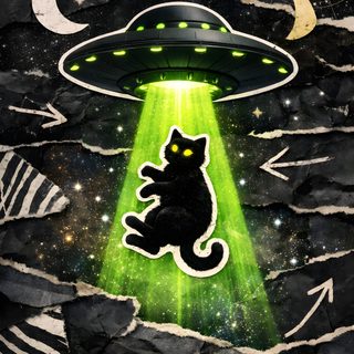 a black cat sitting on top of a rock wall with an alien spaceship above it Alien Halloween Alien Cat Aesthetic, Black Cat Alien, Cats And Aliens, Green Space Cat, dark slate gray