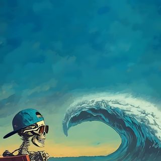 a skeleton sitting in a chair on the beach next to an ocean with a large wave Beach Halloween Scary Ocean, Mermaid Waves Dark Background, Skeleton At Bottom Of Ocean, Skeleton Wave, teal