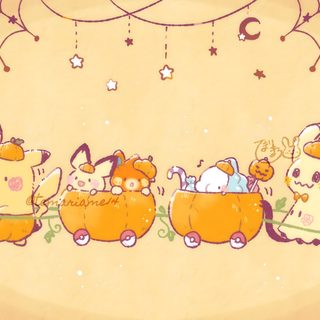 an image of cartoon animals in wagon with stars and spider webs hanging from the ceiling Pokemon Halloween Desktop Tweet Quotes, Pokemon Halloween, Pokemon, Halloween, Pokémon, navajo white