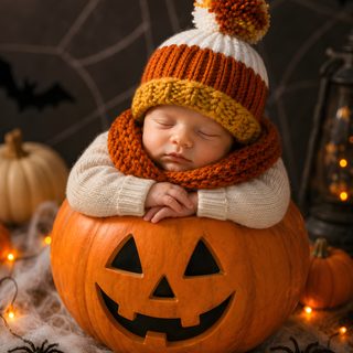 a baby wearing a knitted hat and sleeping in a jack - o'- lantern pumpkin Baby Halloween saddle brown