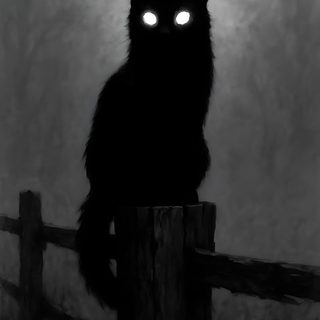 a black cat sitting on top of a wooden fence with glowing eyes in the dark Creepy Black Cat Halloween Witches Familiar, Black Cat Aesthetic, Cat Art Illustration, dark slate gray