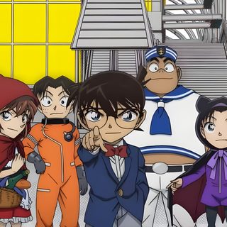some anime characters are standing in front of an office building with stairs and buildings behind them Detective Conan Halloween Detective Conan Heiji And Shinichi, Detective Conan Banner, Detective Conan Halloween, rosy brown
