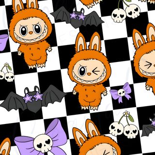 an image of halloween seamless pattern with bats and skulls on checkerboard background Halloween Labubu Y2k Halloween Seamless Pattern, Halloween Labubu, Halloween Striped Seamless Pattern, light pink