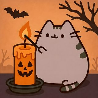 a cat sitting next to a lit candle with a pumpkin on the ground in front of it Kawaii Cute Halloween Cat Pusheen Fall Pfp, Cute Halloween Pusheen, Pusheen Halloween Pfp, peru