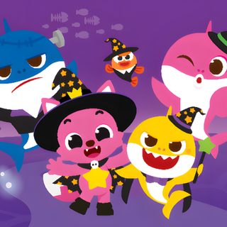 an animated halloween scene with cartoon characters and pumpkins Baby Shark Halloween dark slate blue