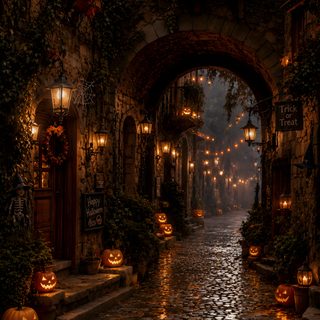 an alley with pumpkins lit up at night Halloween Ambience black