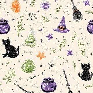 a white background with black cats and witches on it's side, surrounded by halloween decorations Halloween Magic Potions Light Greysmall Witchy Halloween Background, Witches Cauldron Background, Witch Broom, linen