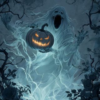there is a ghost in the woods with a jack - o'- lantern on it Halloween Spirit Halloween Diy Crafts, Halloween Vintage, Halloween Painting, dark slate gray