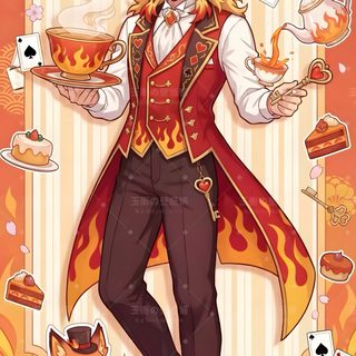a drawing of a man in a red coat holding a tray with food on it Rengoku Halloween Kyojuro Rengoku Official Art, Geek Stuff, sandy brown