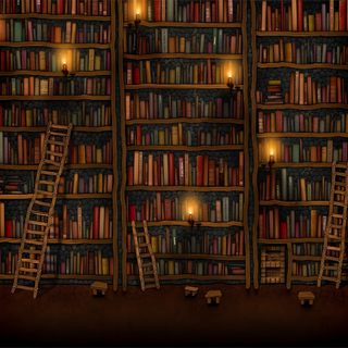 there are many bookshelves with lights in the room and ladders to reach them Halloween Bookshelf Library Computer, Desktop Library, Bookshelves For Pc, Magical Library Hd, black