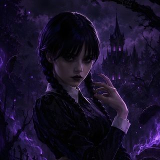 a woman standing in front of a castle with a raven on her shoulder and the moon behind her Wednesday Halloween Dark Gothic, Addams Family, Cat, Anime Scenery, Jenna Ortega, Scenery, black