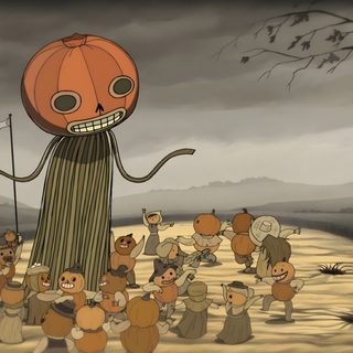 a group of cartoon characters walking down a dirt road Halloween Over The Garden Wall Over The Garden Wall Pumpkin Episode, Over The Garden Wall Pumpkin Scene, Over The Garden Wall Gifs, dim gray