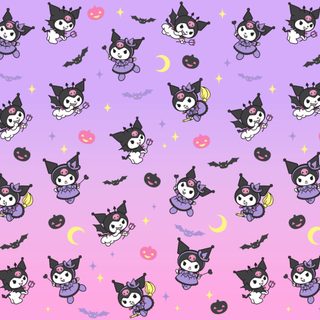 many cats with bats and stars on a purple, pink, and blue sky background Kuromi Halloween Desktop plum
