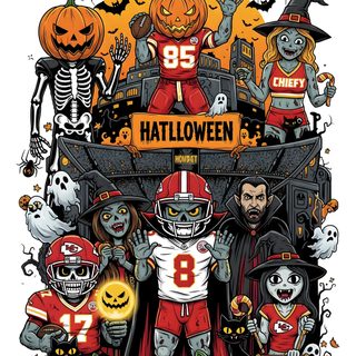 halloween poster with an image of football players and pumpkins in the background, including jack - o'- lanterns Chiefs Halloween Patrick Mahomes Halloween, Halloween Football Poster Ideas, Halloween Football Background, peru