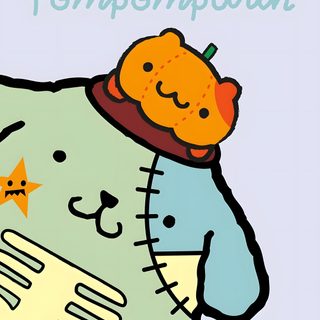 an orange is sitting on top of a stuffed animal with the word pompupunin above it Pom Pom Purin Halloween lavender