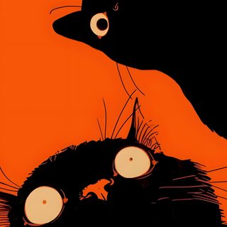 two black cats staring at each other in front of an orange background with white eyes Cute Retro Style Halloween Black Cats Posca Art, Leinwand Malerei Ideen, Manifesti Grafici,