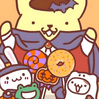 an image of a cartoon character holding doughnuts in front of other characters and pumpkins Pom Pom Purin Halloween Pompompurin Thanksgiving, Fall Pompompurin, Pompompurin Fall, burlywood