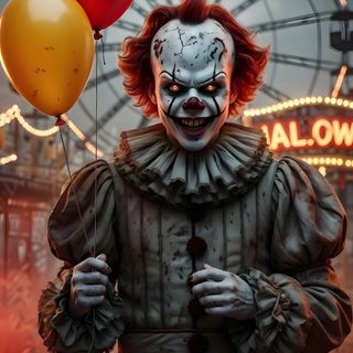 a creepy clown holding two balloons in front of a ferris wheel Clown Halloween Clown Terror, Horror Clown, Horror Clown Images, Full Leg Tattoos, dark olive green