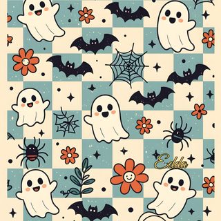 a checkerboard pattern with halloween decorations and ghost faces on the front, in blue and white Halloween Squares Custom Cute Halloween Ipad, Cute Halloween For Ipad, Halloween Ipad, bisque