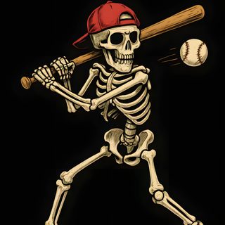a skeleton baseball player with a bat and ball in his hand, ready to hit the ball Baseball Halloween Skull Baseball Logo, Skull And Bones, Black Backgrounds, Dodgers Skeleton,