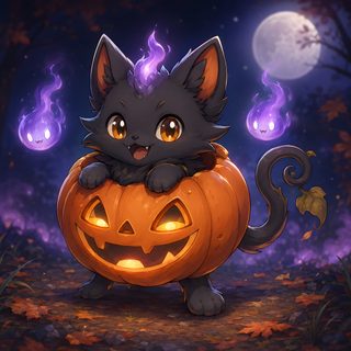 a black cat sitting on top of a pumpkin Anime Cat Halloween dark slate gray