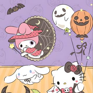 an image of halloween themed poster with cats and pumpkins in the background, one cat is Kawaii Sanrio Halloween Kawaii Sanrio Halloween, Sanrio Halloween Pictures Cinnamoroll Halloween, Cinnamoroll Halloween, silver