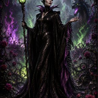 a woman dressed as maleficent holding a staff in front of a forest filled with flowers Maleficent Halloween black
