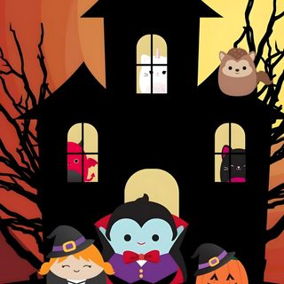 an animated halloween scene with ghostes and bats in front of a creepy house at night Cute Halloween Squishmallow Halloween Squishmallows, Squishmallow Poster, Halloween Squishmallows Drawing, black