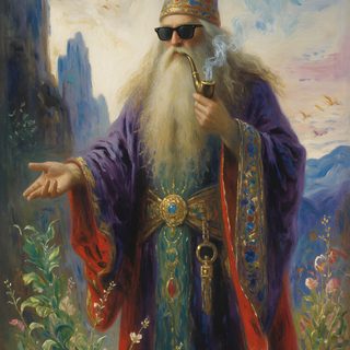 a painting of an old man with a pipe in his hand Merlin Wizard Halloween Rainbow Purple dark olive green