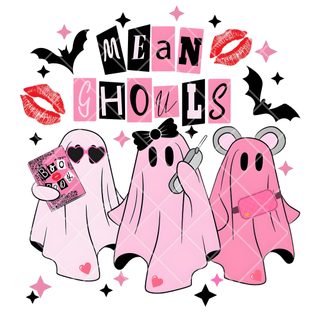 three pink ghost girls with red lipstick and the words mean ghouls Cute Halloween Mean Girls Mean Ghouls, Cute Halloween Mean Girls, Creative Costumes, Dark Tattoo, white