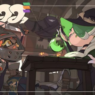 an animated image of two people with helmets on Splatoon Halloween Salmon Run Official Art, Splatoon Twitter Header, Splatoon Desktop, dark slate gray