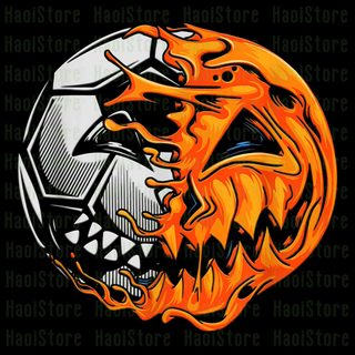 an orange and black soccer ball with flames coming out of it's face on a black background Cool Halloween Football Soccer Ball Pumpkin, Zombie Soccer Ball, Skull Design Soccer Ball, black