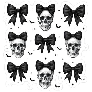skulls with bow ties and bats on their heads are shown in this halloween sticker sheet Black And White Halloween Skulls In Bow Gothic Aesthetic, Bold Accessories, Black And White Design,