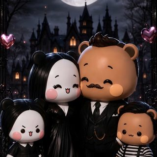 three little dolls are posed in front of a full moon and gothic - themed background Halloween Family Cameos Fondo De Pantalla Rosado Para Iphone, Cute Stickers, Halloween, black