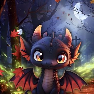 a little dragon sitting in the woods with pumpkins Halloween Dragon Cute Cute Bat Dragon, Cute Fantasy Creatures, Fall Dragon, Cute Dragons, dark slate gray