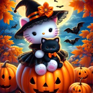 a painting of a cat sitting on top of a pumpkin Halloween Hello Kitty 3d Cute Animals, Hello Kitty, Kitty, Halloween, Animals, saddle brown
