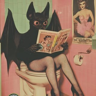 a woman in fishnet stockings is sitting on a toilet reading a magazine with a bat Halloween Bathroom Bizarre Art, Surreale Kunst, Vintage Horror, Weird Art, Bathroom Art, Funky Art, gray