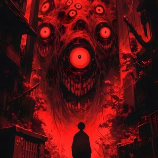 a man standing on top of a set of stairs in front of a red background Horror Background With Scary Monster Halloween Spooky Lovecraftian Horror, Lovecraftian Horror Art, Horror Comic Art, black