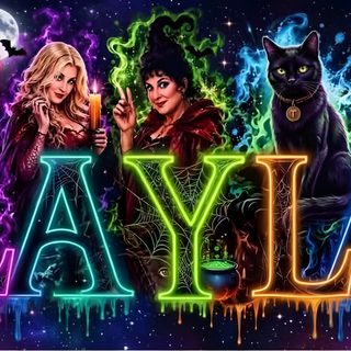 the name jaya written in neon letters with cats and witches on it, surrounded by flames Halloween Name dark slate gray