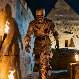 a man dressed as a skeleton walking down a path in front of an egyptian pyramid Halloween Mummies Fantasy Inspiration, Mummy Background, Generative Art, Monster Concept Art, saddle brown