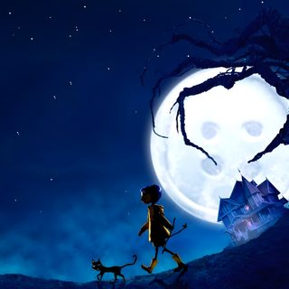 a person walking with a dog in front of a full moon and tree trunk structure Halloween Iphone Coraline Halloween Desktop, Coraline Art, Coraline Movie, Laptop, midnight blue